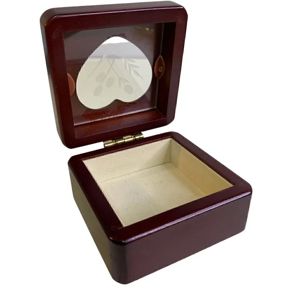 Wood Jewelry Trinket Box Heart Shape Etched Glass 3.5
